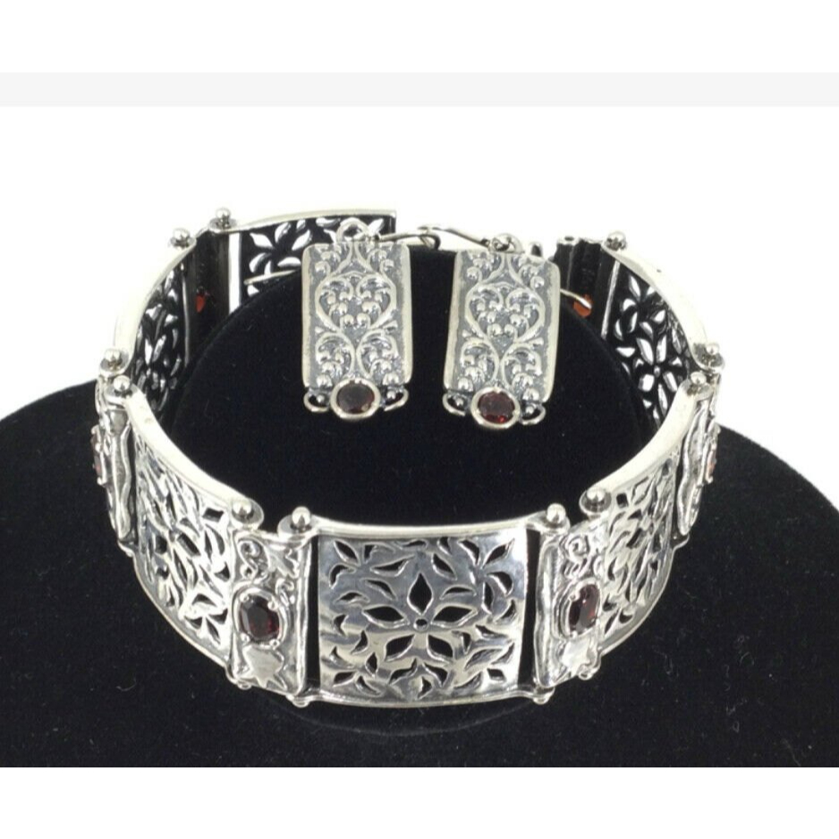 Sterling Silver .925 Didae Israel 3 Pieces Earrings And Bracelet 8 Large Garnets